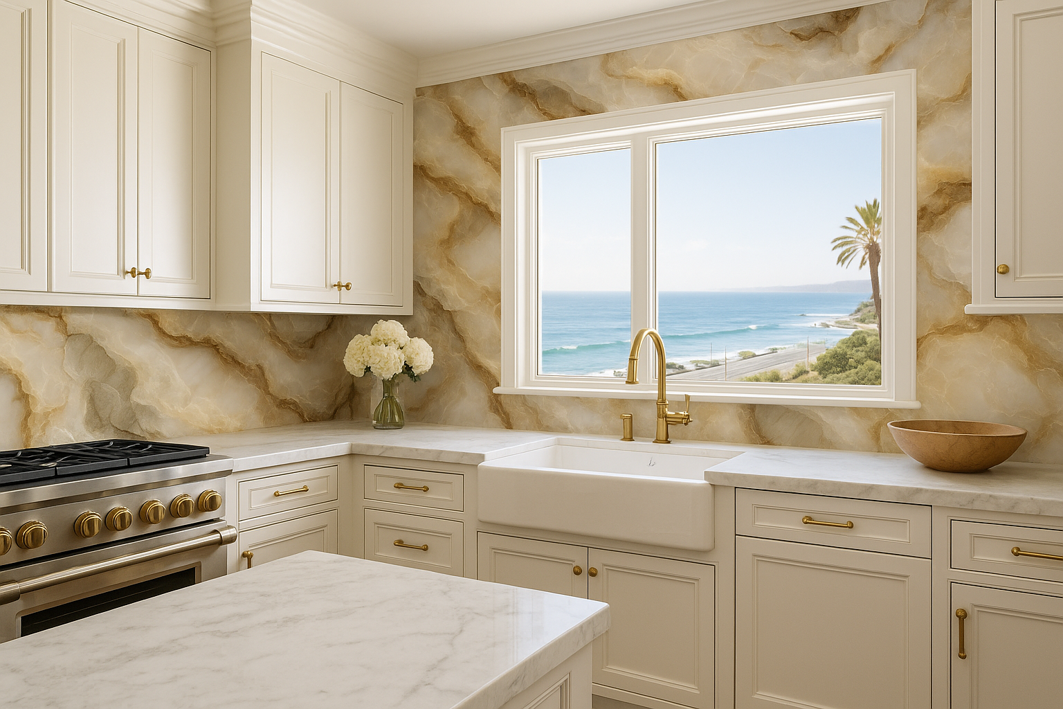 Marble Crust wallpaper with neutral veining, decorative backsplash texture.
