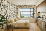 Lineage wallpaper with abstract black line faces pattern on off-white background.

