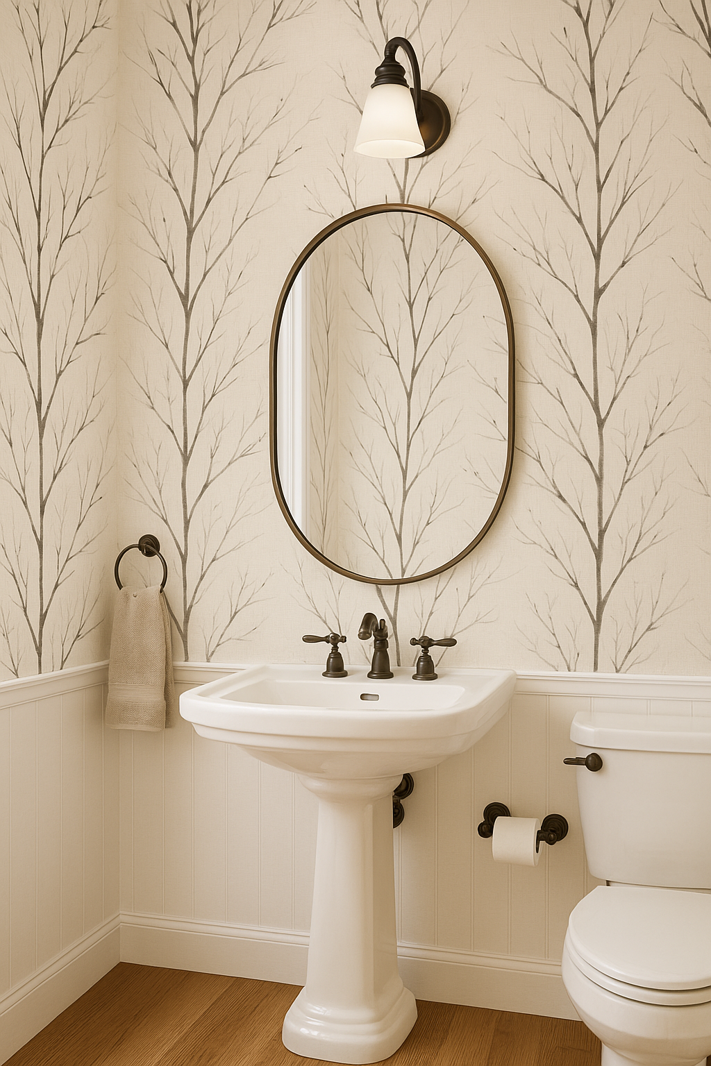 Winter Branch wallpaper with a tree branch pattern, neutral tones covering the walls in a stylish bathroom.