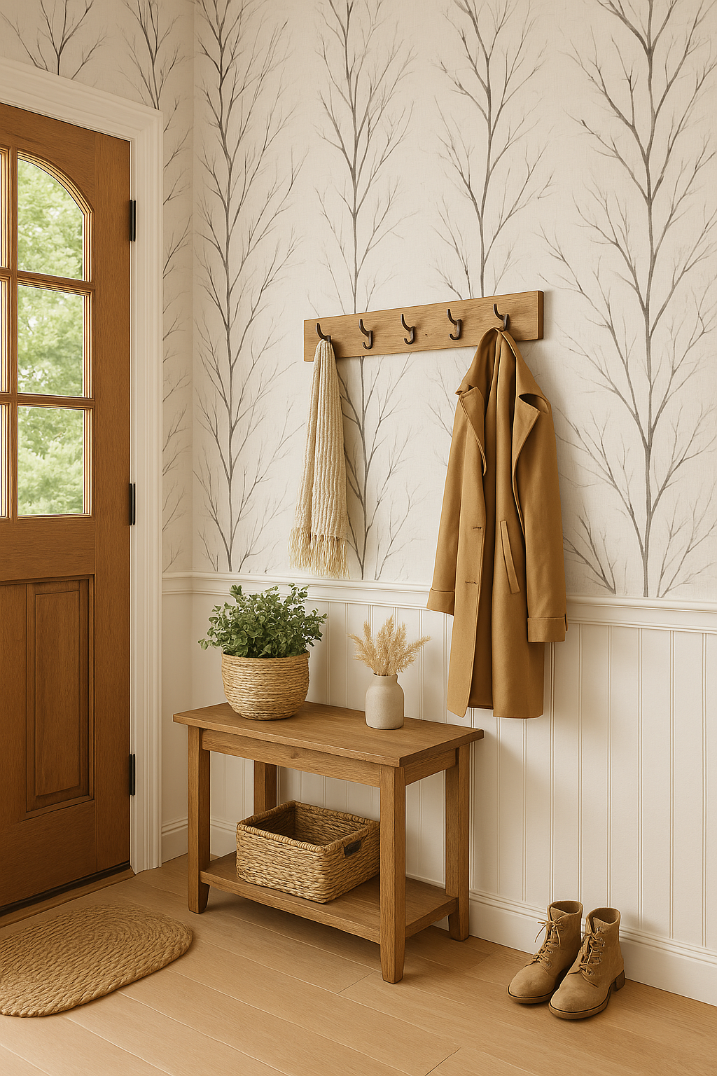 Neutral branch pattern wallpaper by Anewall, styled in a hallway with wood accents.