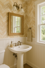 Bone dust chevron wallpaper with a herringbone pattern, covering the wall above white beadboard paneling.