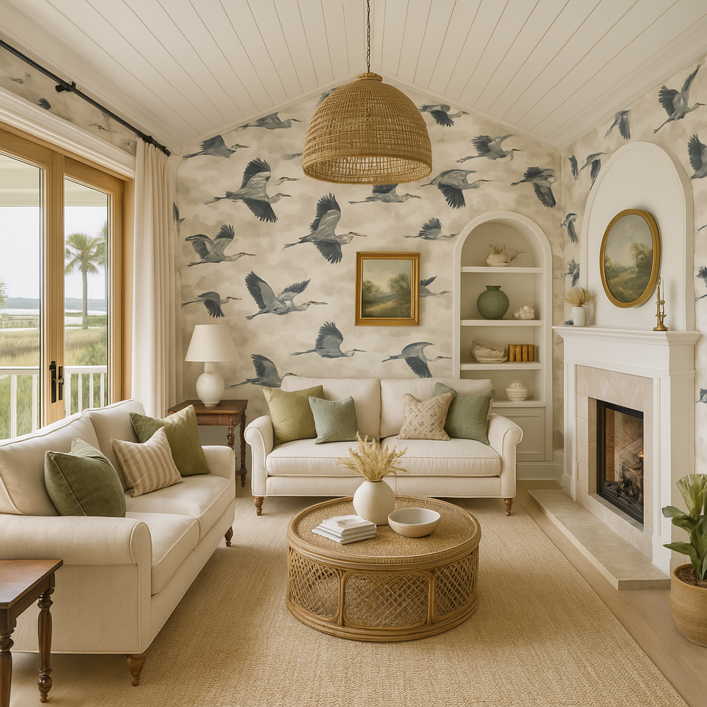 Blue Marsh Waltz Wallpaper featuring blue herons in flight, with a cloud backdrop and textured appearance.