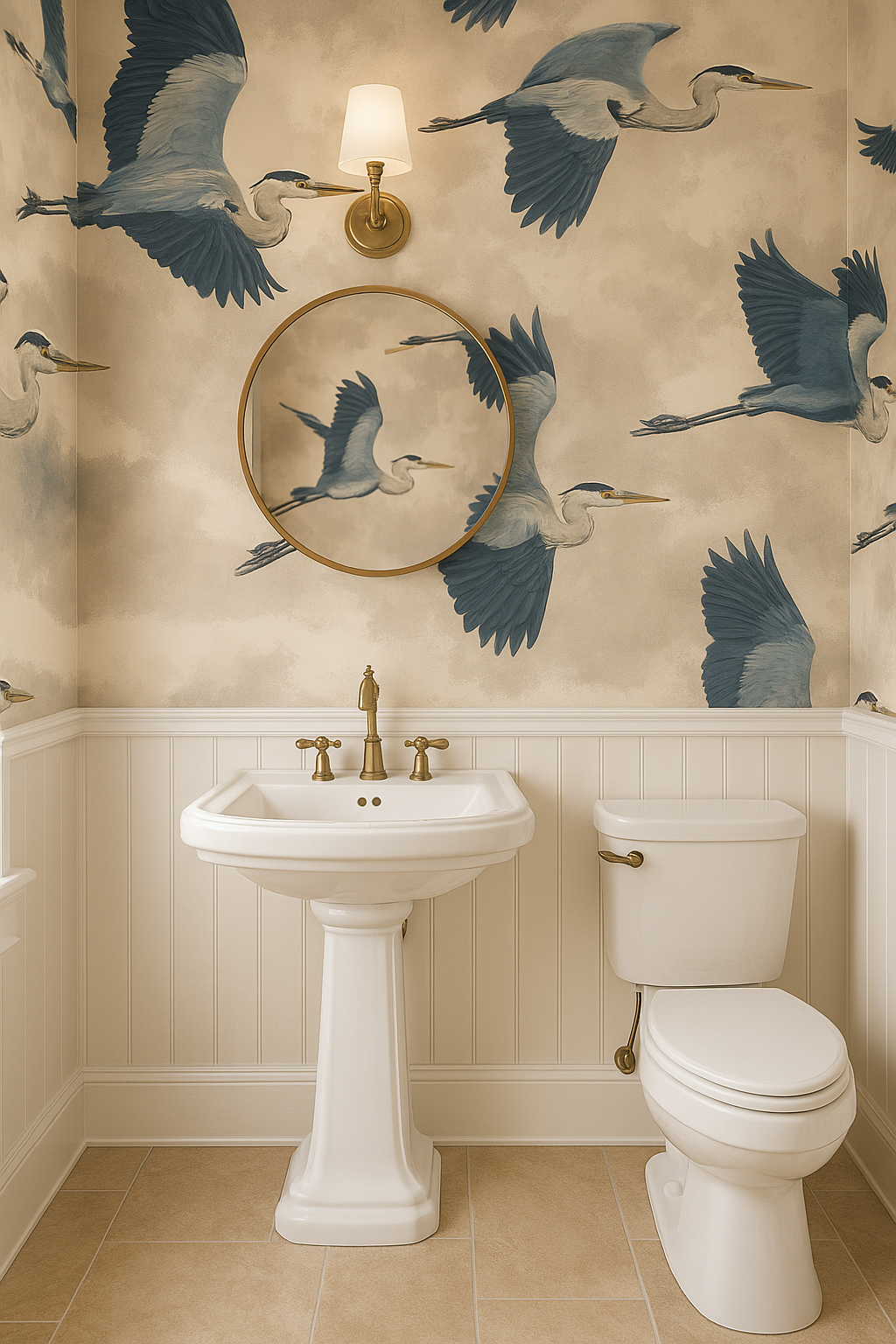 Blue Marsh Waltz Wallpaper with blue herons on a tan, cloudy background.
