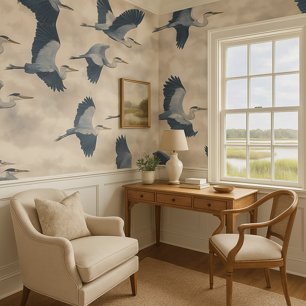 Blue Marsh Waltz Wallpaper in a bird pattern, covering a wall with window and furnishings.