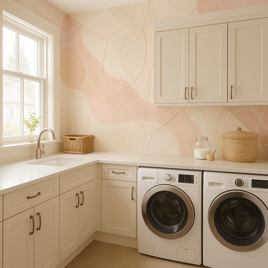 Desert Ribbon Wallpaper with abstract pattern on the wall behind a laundry room setup.