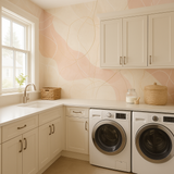 Desert Ribbon Wallpaper with abstract pattern on the wall behind a laundry room setup.