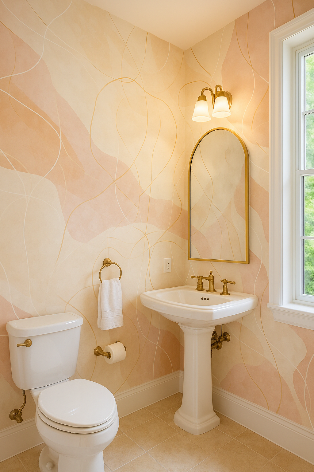 Desert Ribbon Wallpaper with peach and cream patterns, light gold ribbons, and tan tile flooring.