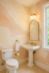 Desert Ribbon Wallpaper with peach and cream patterns, light gold ribbons, and tan tile flooring.
