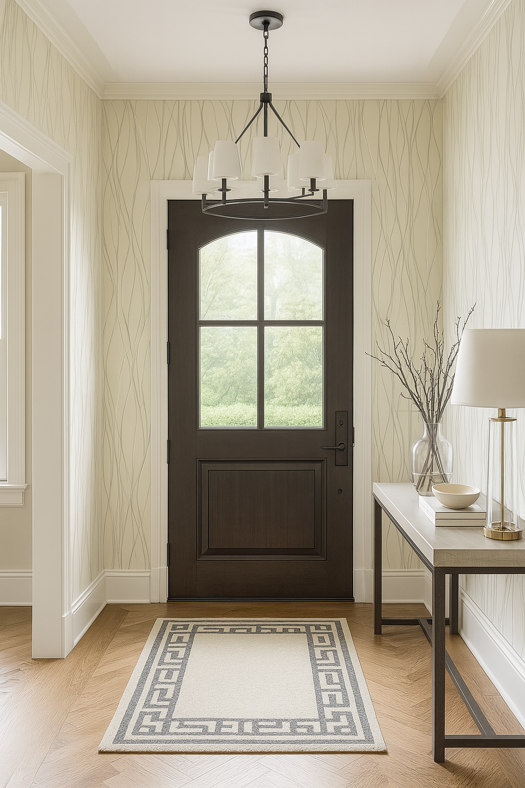 Whisper Veil wallpaper with a wavy, vertical line pattern, decorating an entryway with a dark wood door and light wood flooring.