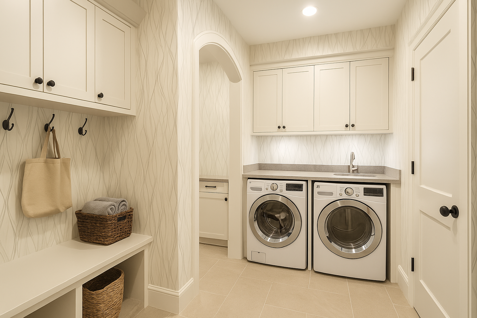 Whisper Veil Wallpaper with wavy lines pattern, covering the walls of a laundry and mud room.