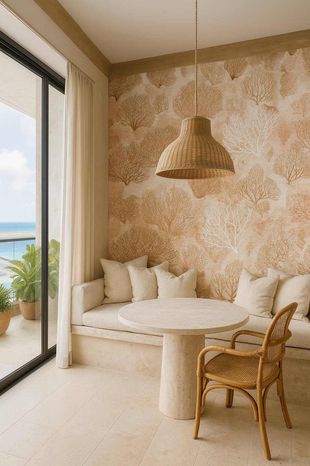 Terracotta sea fans wallpaper with coral-inspired patterns, textured details, and a light neutral background.