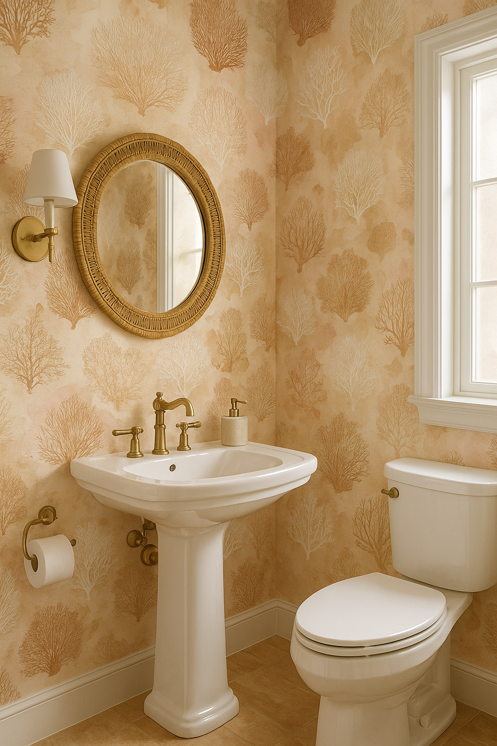 Terracotta sea fans wallpaper with light tan accents, styled with a rattan mirror and brass fixtures.

