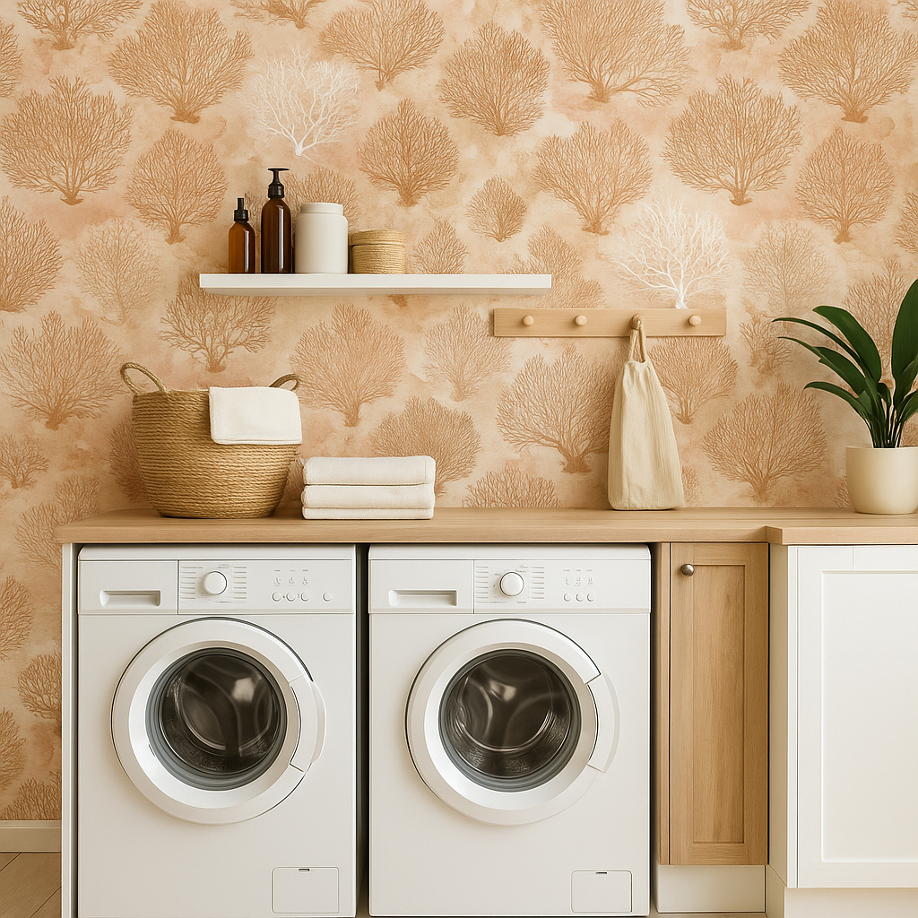 Terracotta sea fans wallpaper with a pattern of coral silhouettes on a mottled background.