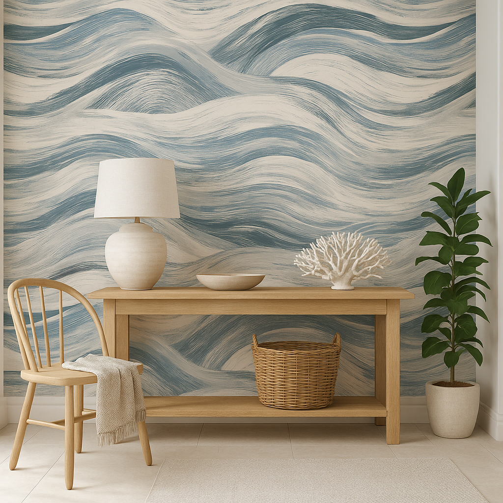 Blue wave pattern wallpaper with brushstroke texture, covering the wall behind a wood table and chair.