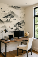 Zen Summit wallpaper with a landscape design, featuring crane birds, trees and mountains.
