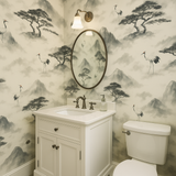 Zen Summit wallpaper with landscape pattern, featuring cranes, trees, and mountains.

