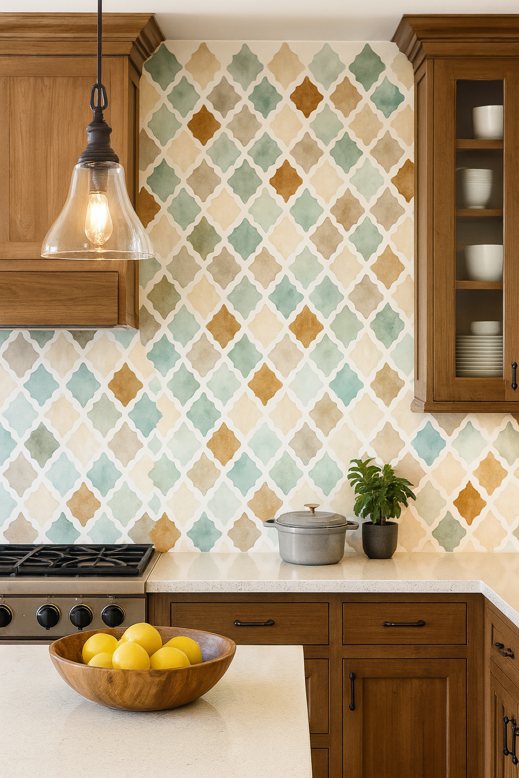 Patterned Kasbah Dust wallpaper with geometric tile design, featuring a quatrefoil lattice in teal, beige, and brown hues.
