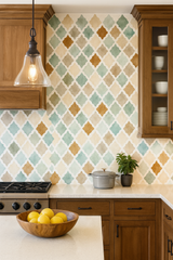 Patterned Kasbah Dust wallpaper with geometric tile design, featuring a quatrefoil lattice in teal, beige, and brown hues.
