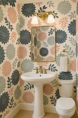 Pressed Dahlia Wallpaper with floral pattern in pink, blue and gray hues.