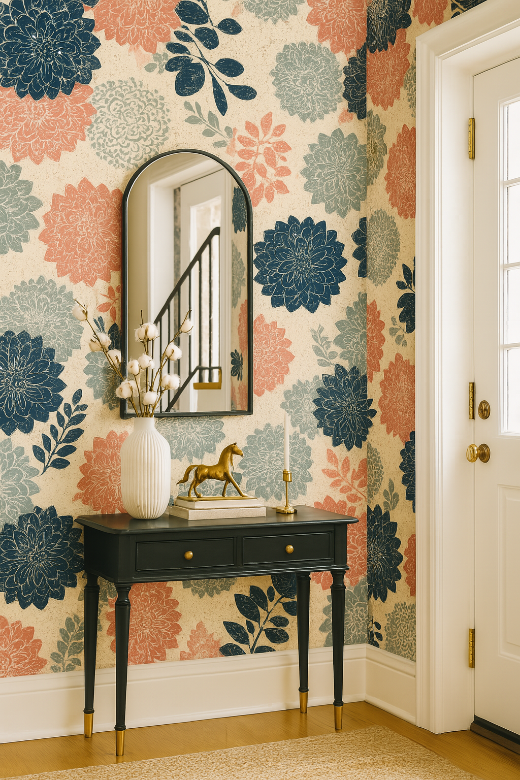 Pressed dahlia wallpaper with blue, grey, and pink flowers on a cream background.