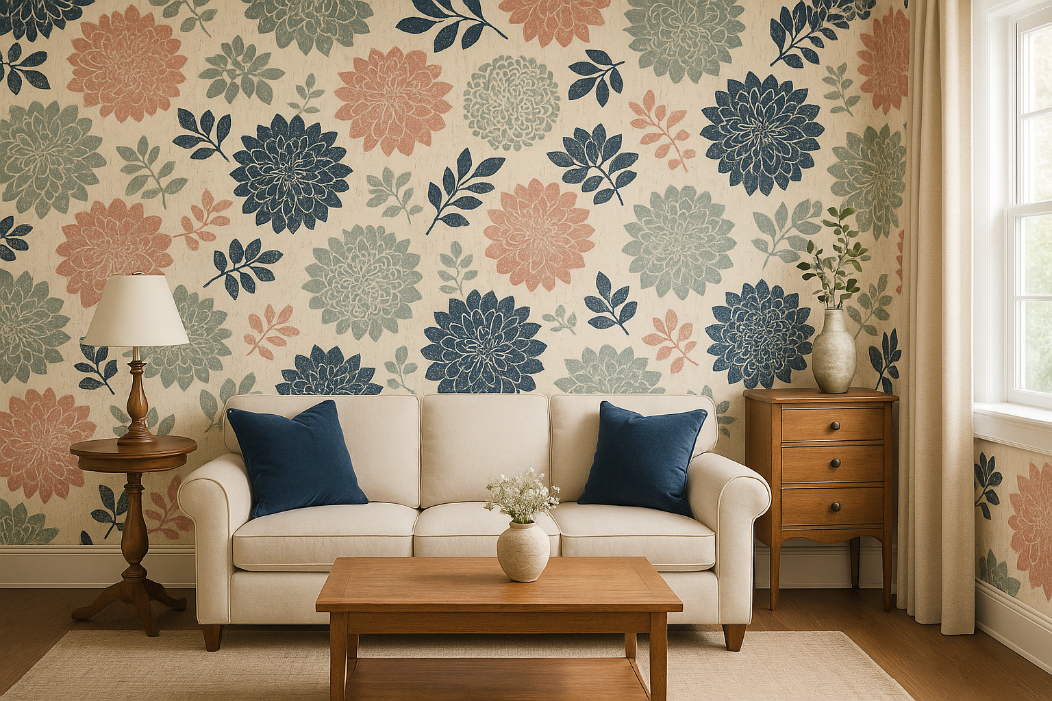 Floral wallpaper with dahlia pattern in pink, blue, and green on beige background.
