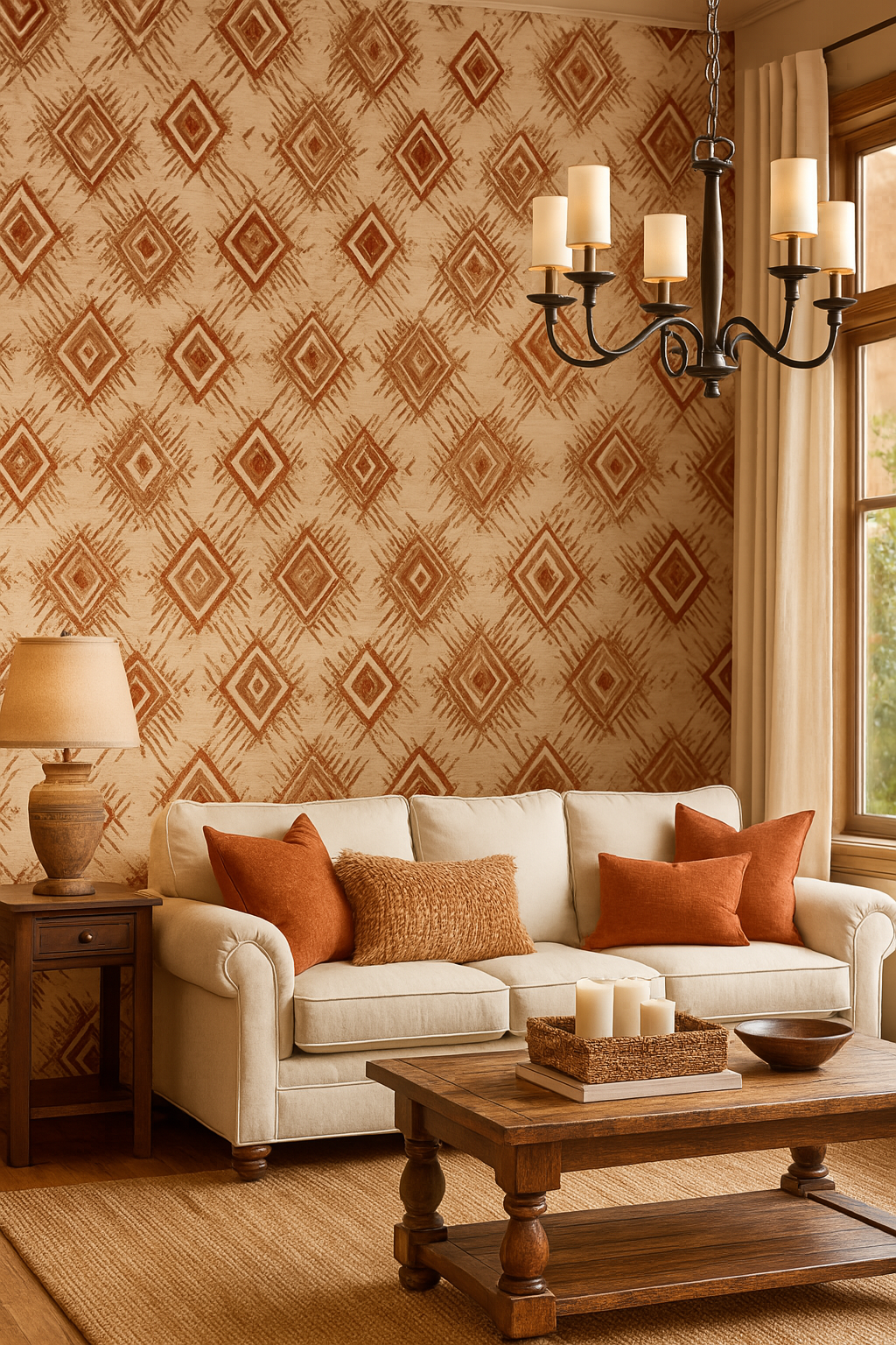 Clay diamond weave wallpaper, with an ikat-style pattern, on a wall above a sofa and side table in a room.