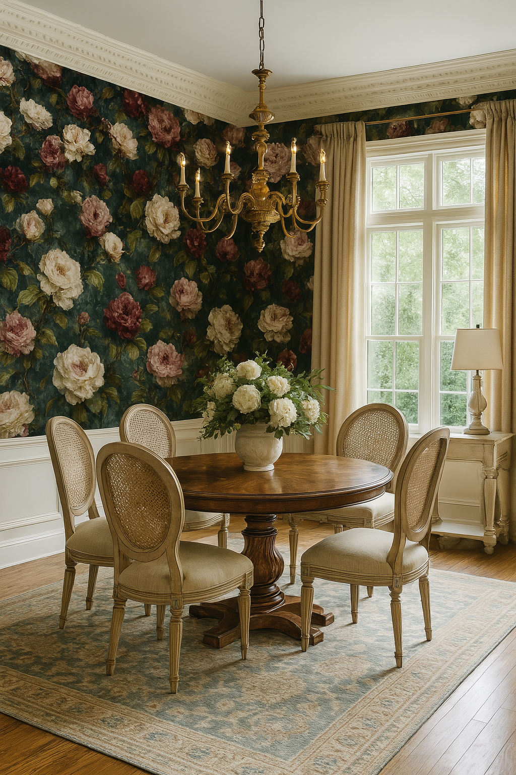 Floral wallpaper featuring pink and white peonies on a dark green background.
