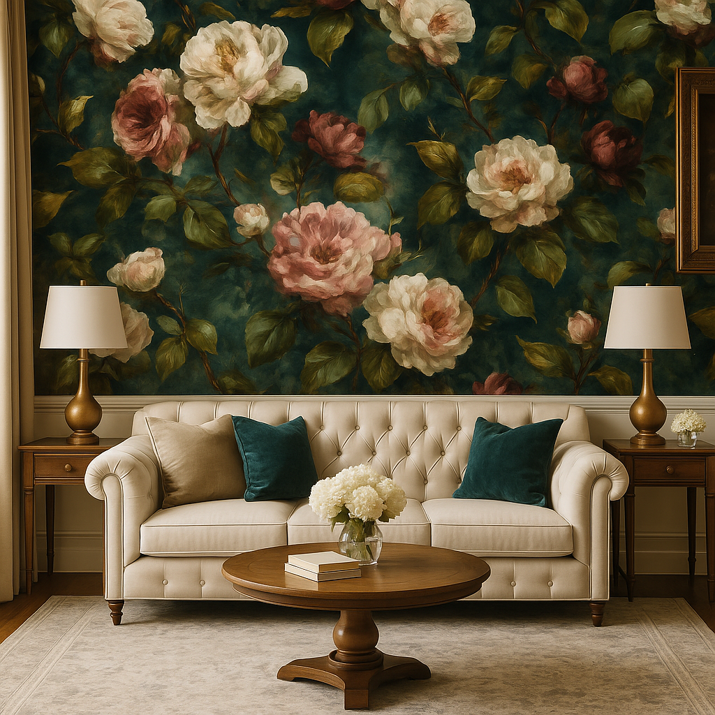 Midnight Peony Bloom Wallpaper with floral pattern and dark green background.
