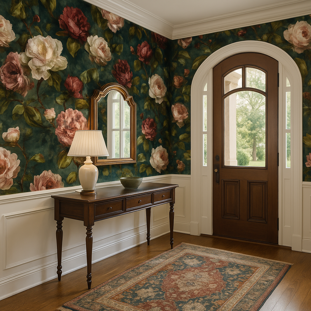 Floral wallpaper with a dark green background, featuring pink and white peony blooms, styled in an entryway.