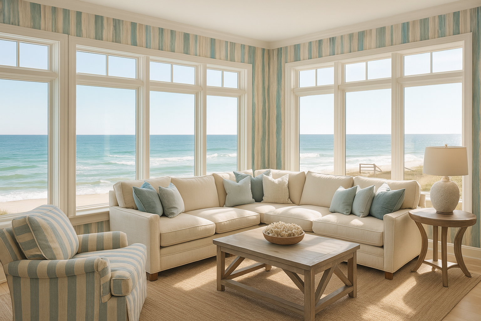 Coastal Dune Stripes wallpaper with blue and beige stripes pattern.