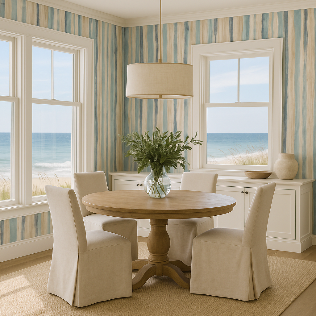 Coastal Dune Stripes Wallpaper with blue and tan vertical pattern, showing beach scene through two windows.