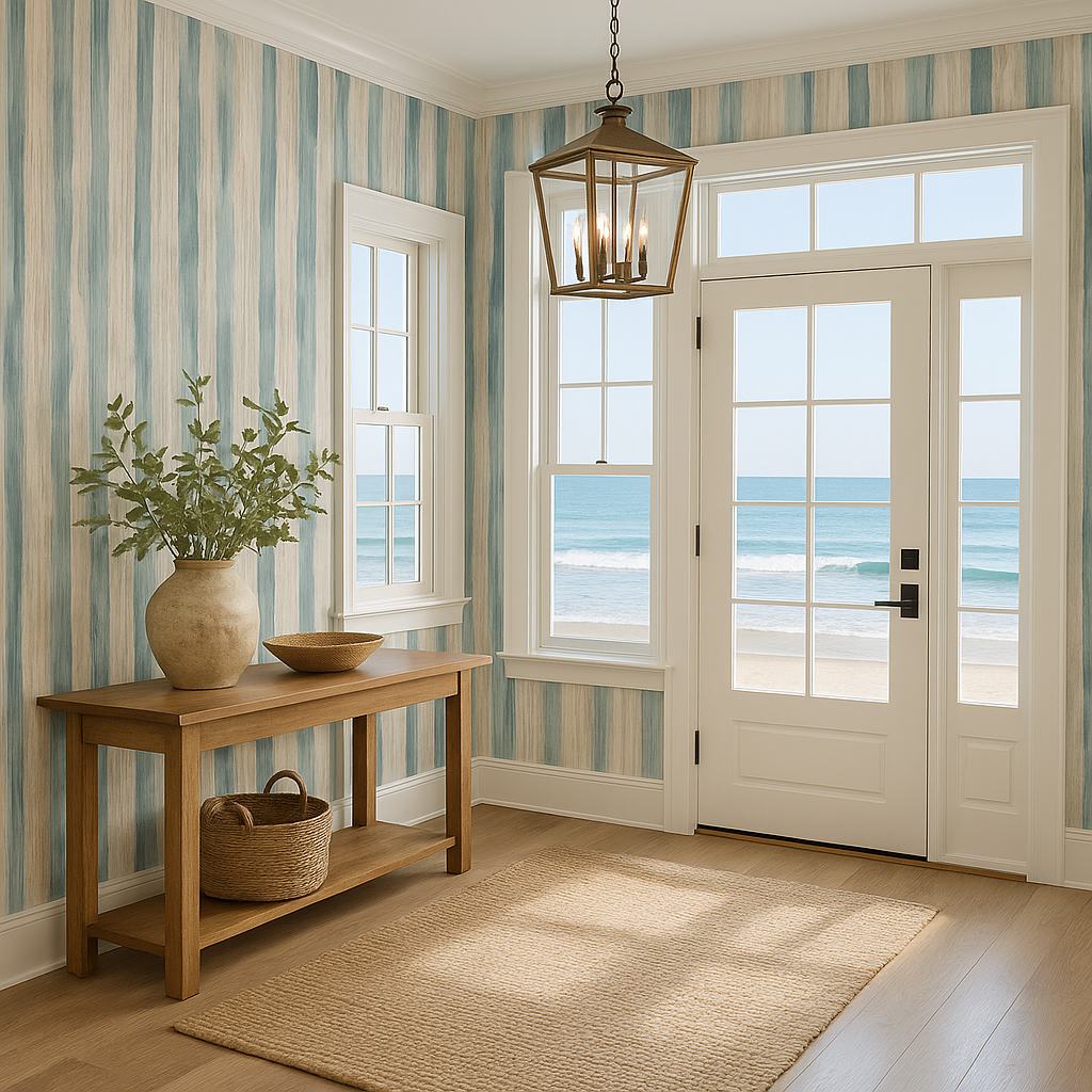 Coastal dune stripes wallpaper with a blue and beige vertical pattern on the wall.