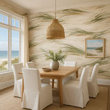 Windswept Grasses Wallpaper with flowing green and tan design, styled in a dining room.
