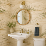 Windswept Grasses Wallpaper with a grassy pattern on beige, gold, and green textured paper.
