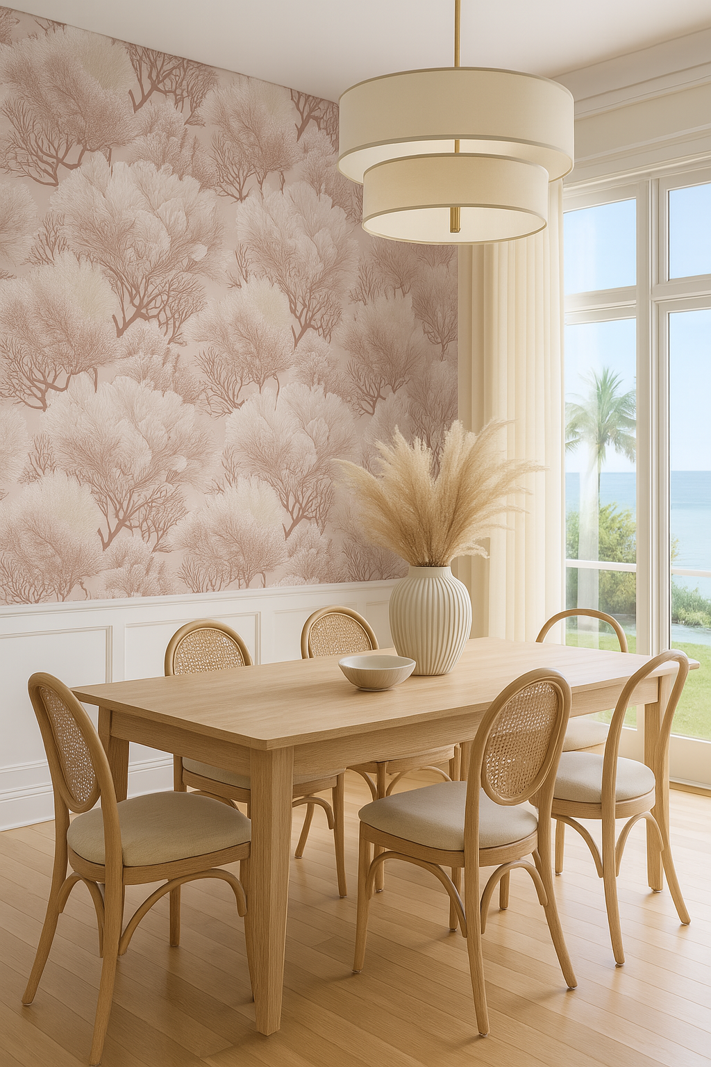Blush coral forest wallpaper with tree pattern, against white wainscoting and window.