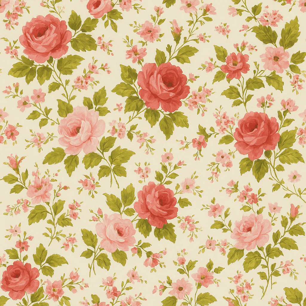 Floral rosewood cottage wallpaper with roses and small blossoms on a cream background.