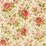Floral rosewood cottage wallpaper with roses and small blossoms on a cream background.