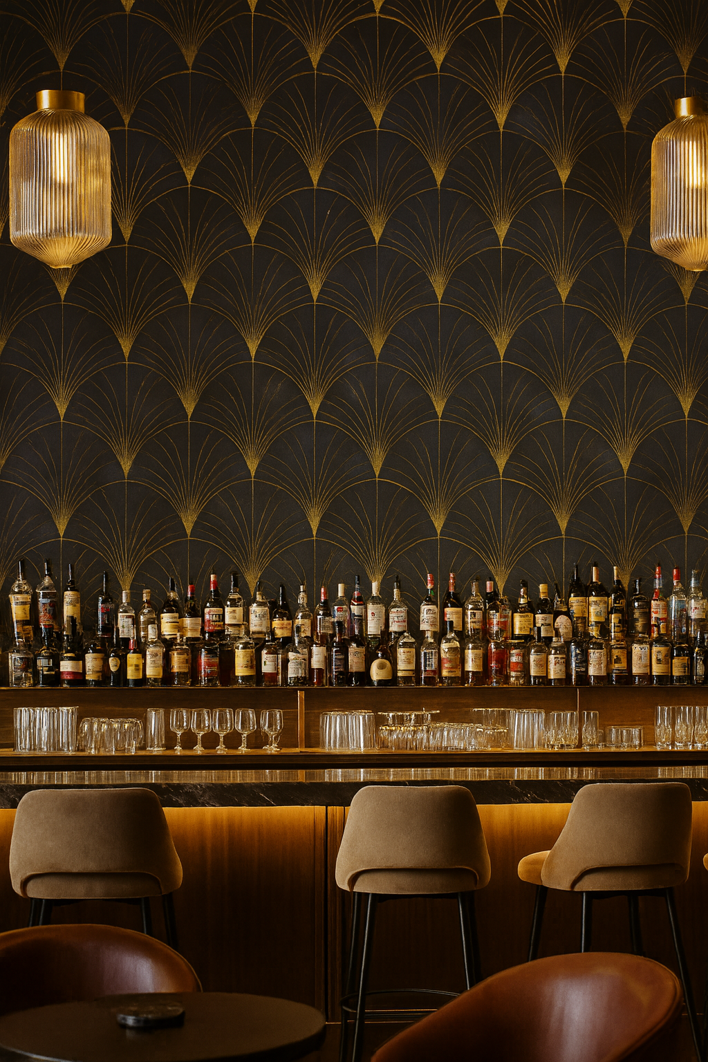 Gilded Deco Fan Wallpaper in gold-on-black fan pattern, over a bar display with bottles and glasses.