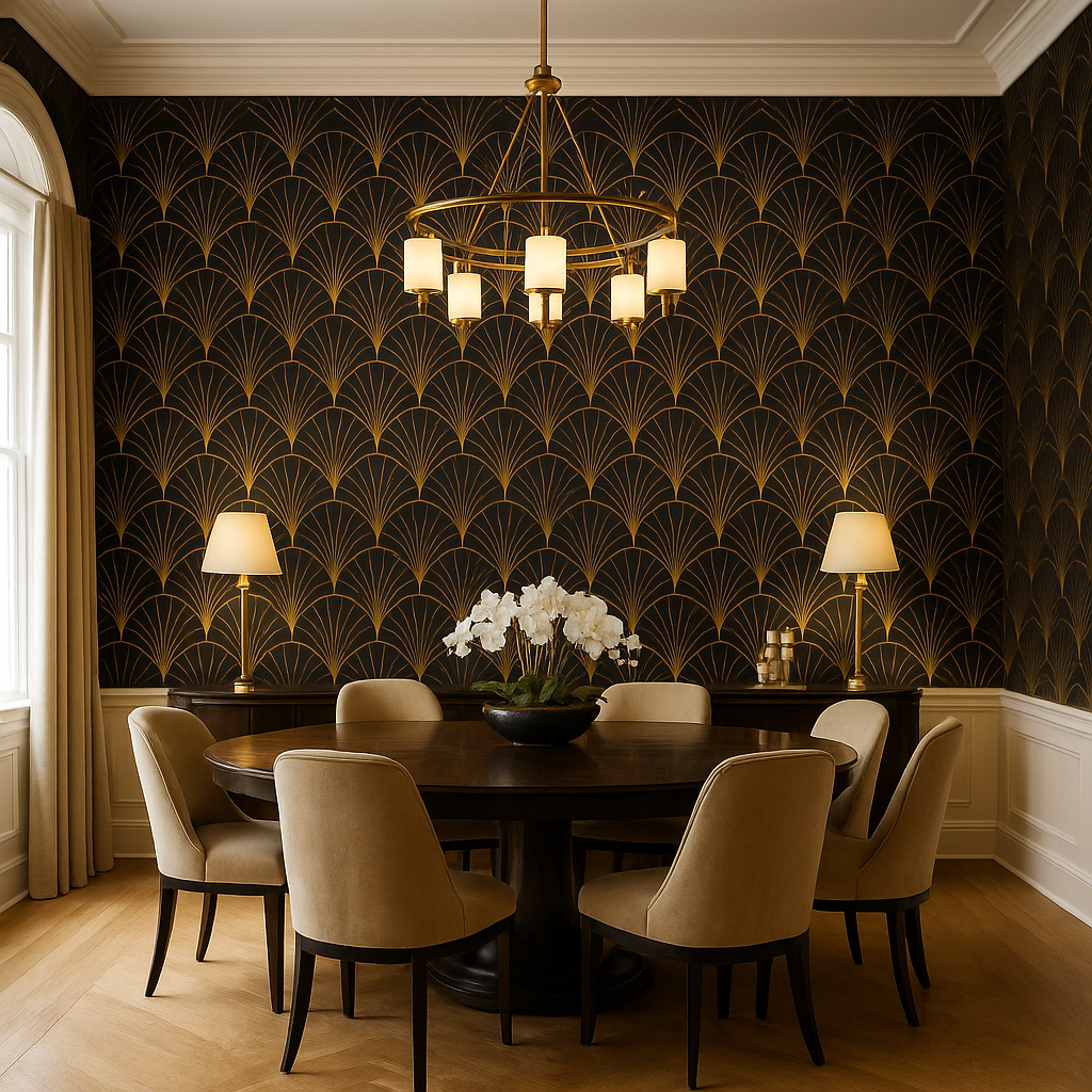 Gilded wallpaper with a deco fan pattern featuring black and gold colors, displayed in a dining room.
