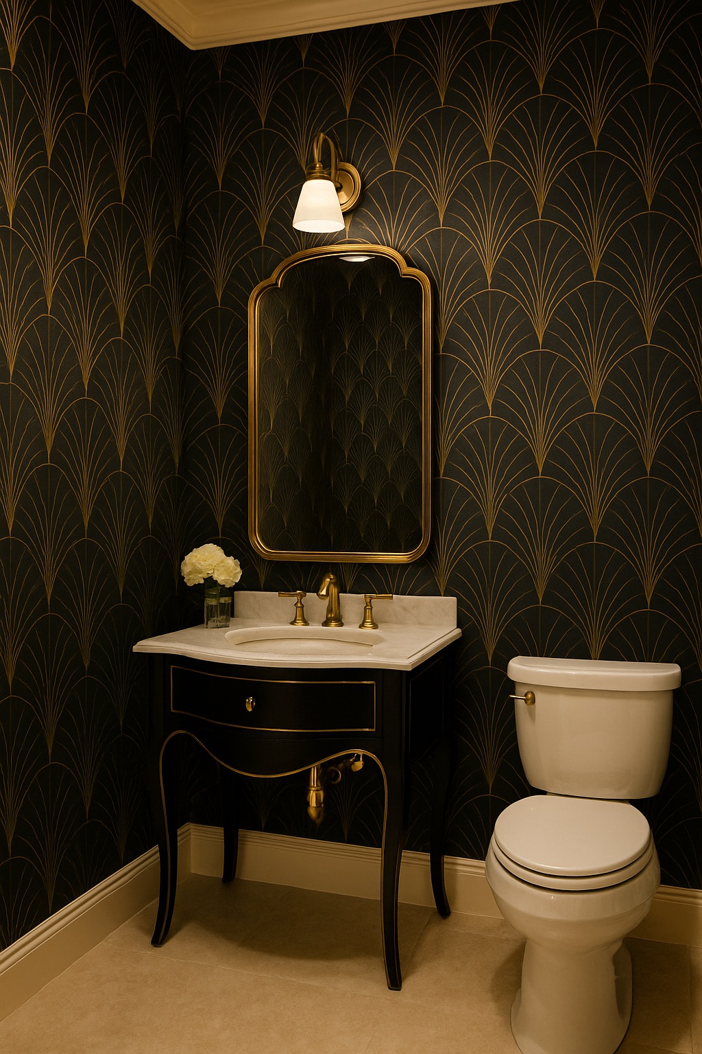 Gilded Deco Fan Wallpaper with geometric fan pattern in gold on a black backdrop.
