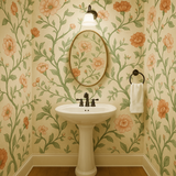 Floral patterned wallpaper with flower and vine design on a neutral background.
