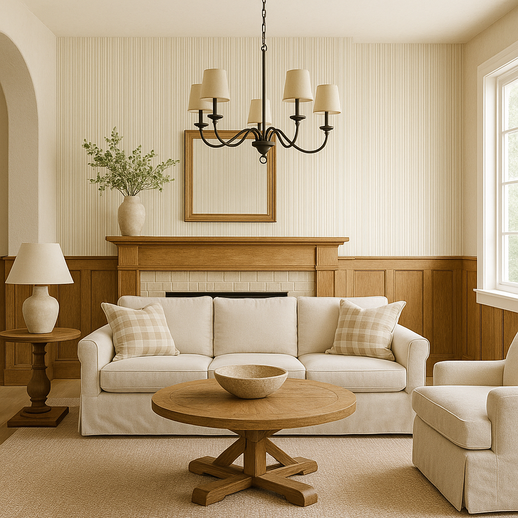 Beige linen wallpaper with vertical stripes, in a traditional living room setting.