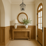 Driftwood linen wallpaper with vertical stripe pattern, textured finish, visible on walls in an entryway setting.

