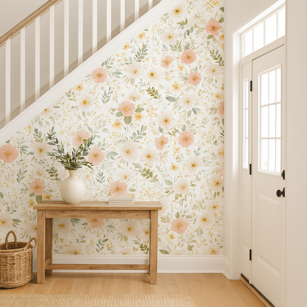 Meadowlight Blooms wallpaper with a floral pattern against a white background.