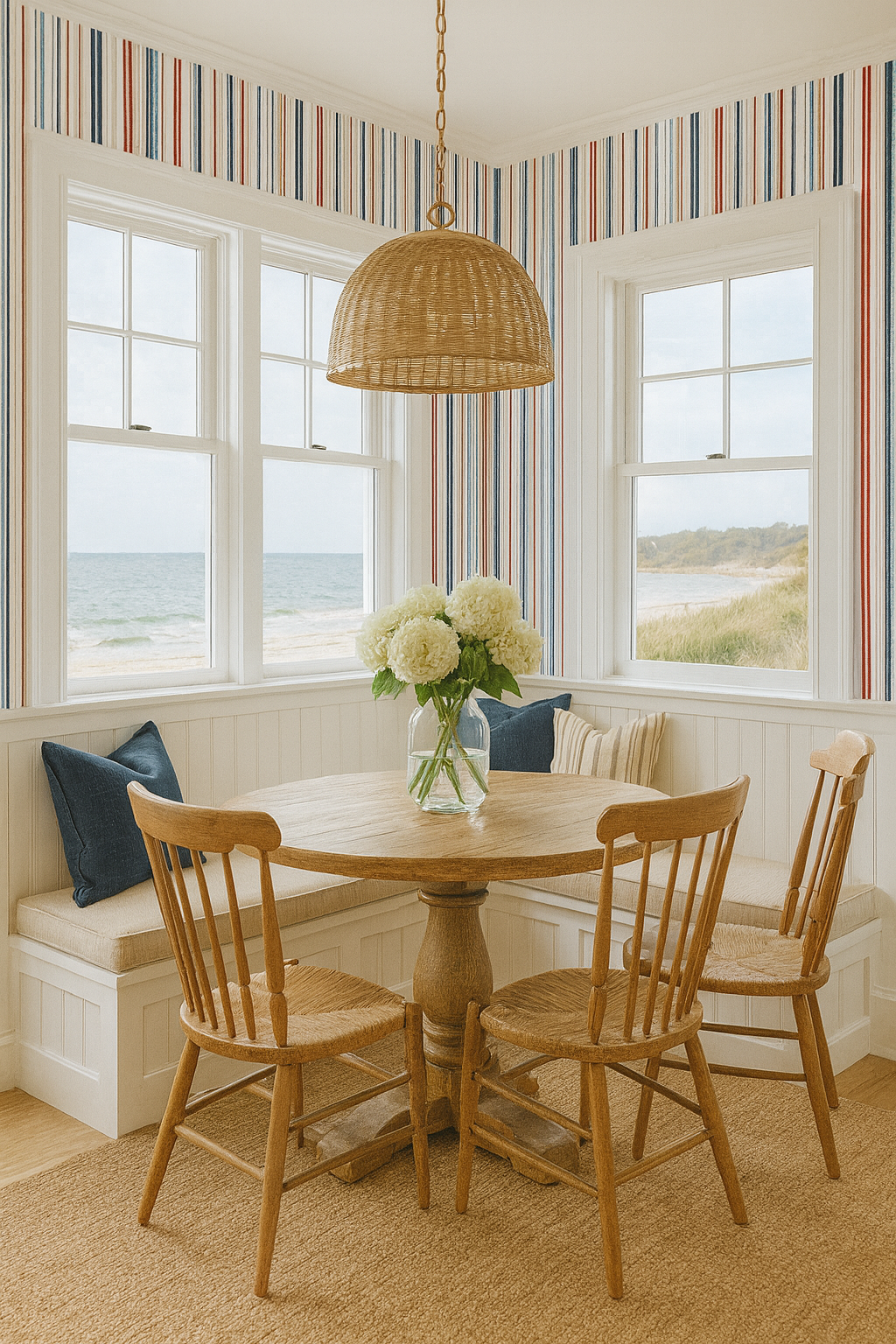 Nantucket Stripe Wallpaper with stripes by Seabrook Wallcoverings, in a traditional style setting, complementing the dining room.