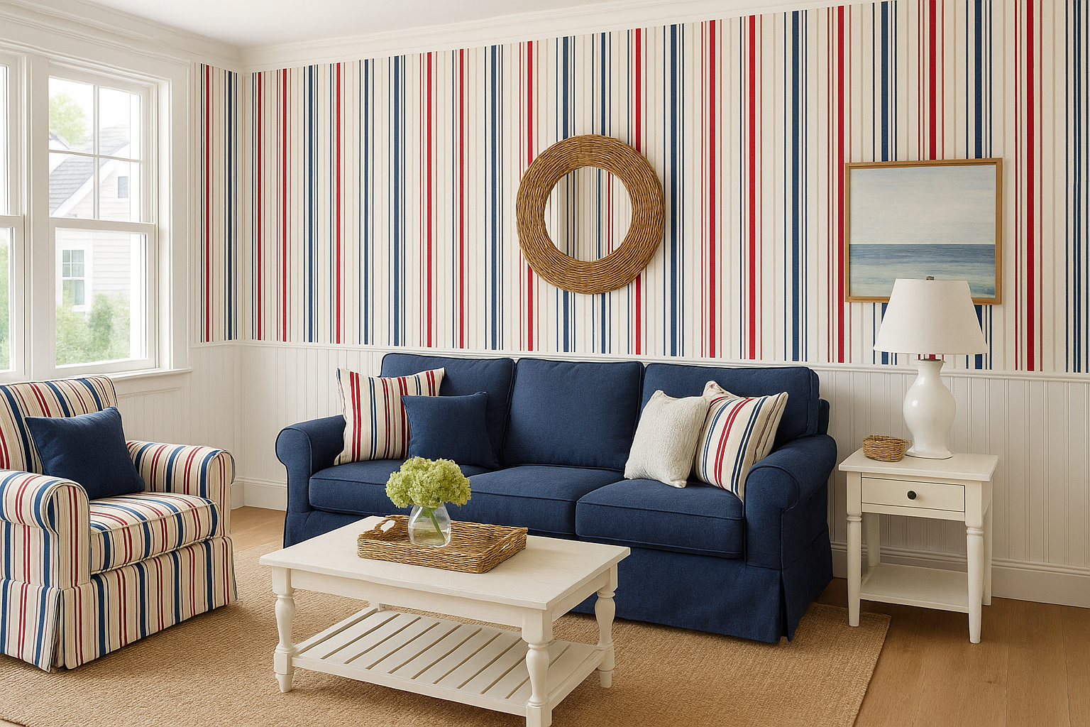 Nantucket Stripe Wallpaper featuring red and blue vertical stripes, in a coastal-style living room setting.
