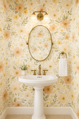 Floral blooms wallpaper with peach and yellow watercolor pattern, visible in a bathroom setting.