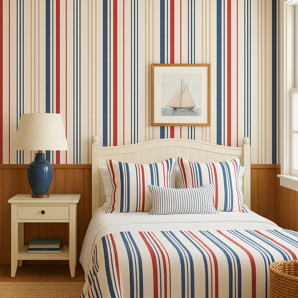 Nantucket Stripe Wallpaper with vertical red, blue, and beige stripes.