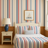Nantucket Stripe Wallpaper with vertical red, blue, and beige stripes.