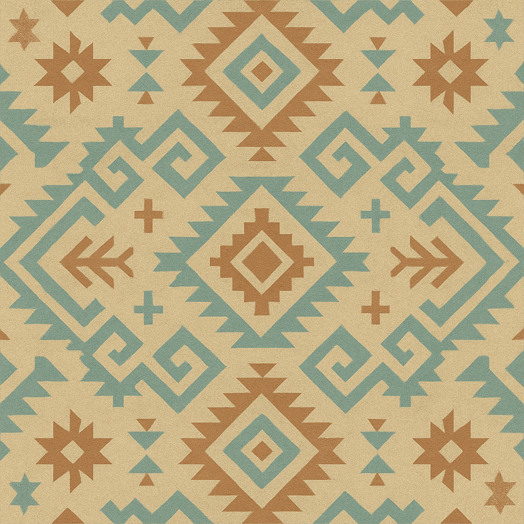 Mesa Nomad wallpaper with geometric pattern of diamonds, stars, and maze-like shapes.
